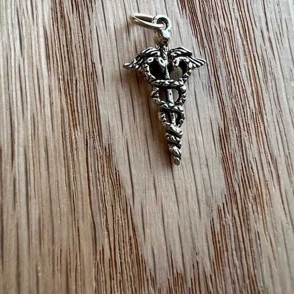 Caduceus Medical Charm Vintage Sterling Silver 925 Pendant - Picture 2 of 4
